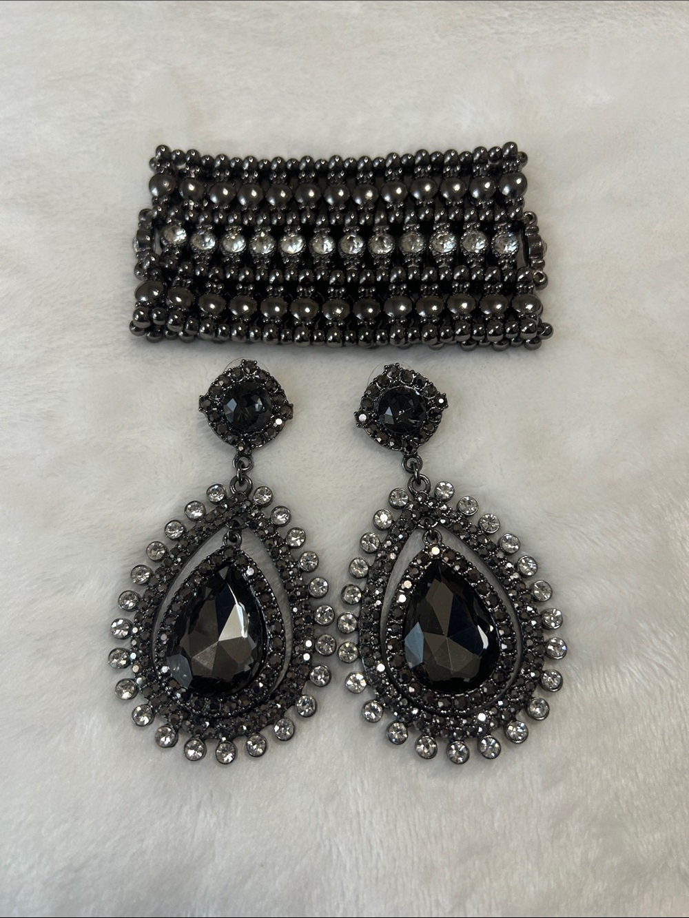 Gunmetal Teardrop Crystal Earrings and Beaded Bracelet Set